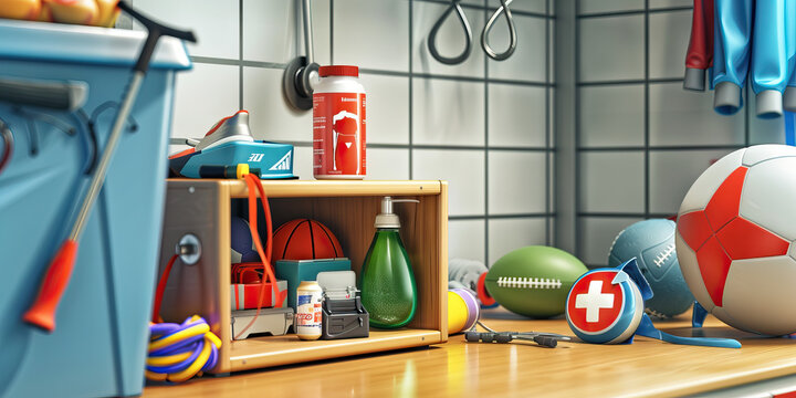 Athlete's Locker Room: A utilitarian desk with sports equipment, a first aid kit, and a sports drink, suggesting an athlete's private space in a team locker room.