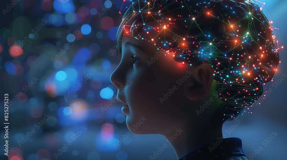 Poster profile of a child with virtual neural connections and glowing lights, representing advanced ai and 