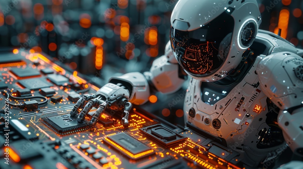 Poster robot handling complex electronic parts in modern workshop, representing advanced technology with sp