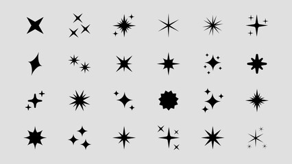 Fototapeta premium Set of original star sparkle shapes. Abstract shine effect vector sign. Retro futuristic bright vector icons collection. Glowing light effect, twinkle templates stars and bursts, shiny flash.
