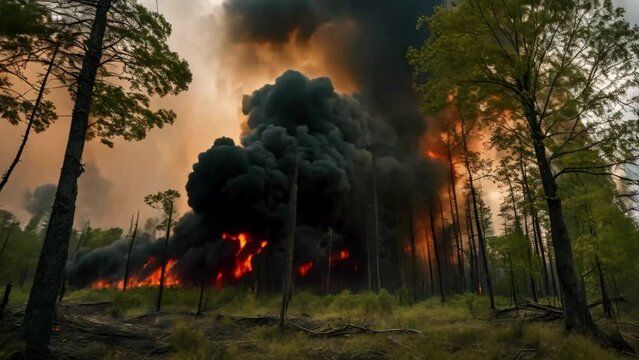 A large forest fire burning uncontrollably