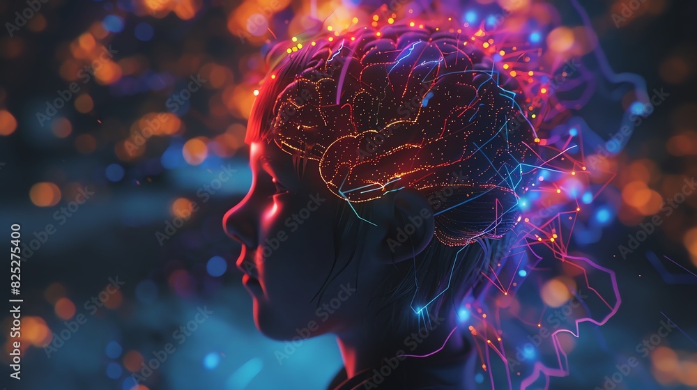 Poster futuristic concept of neural development in a child's brain with vibrant colors and interconnected s