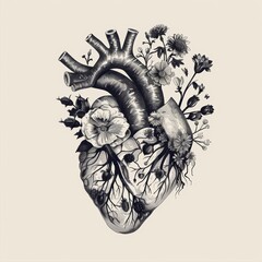 minimalist vector monochrome of anatomical heart made of flowers