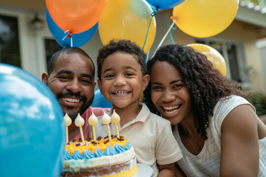 a family with diverse backgrounds celebrating a child's birthday, with balloons, cake, and joyous smiles - Powered by Adobe
