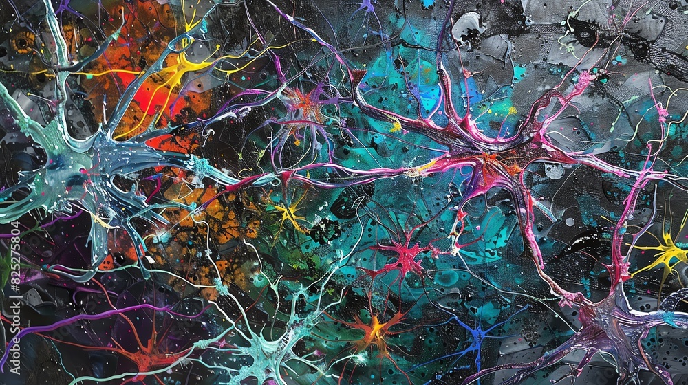 Poster vibrant abstract art depicting colorful interconnected neural networks and synapses against a dark, 