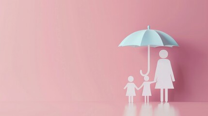3D rendering of a family under an umbrella on a light pink background, with a simple paper cut style minimalist design