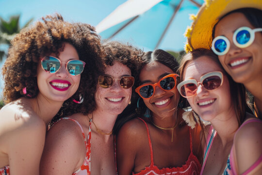 a group of smiling friends posing together, dressed in fashionable summer clothes and stylish sunglasses. They exude confidence and camaraderie as they enjoy a sunny day out.