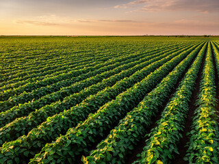 Golden hour light casting over rows of vibrant soybean plants in a vast agricultural field