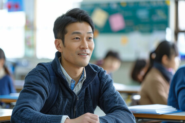 a Japanese male teacher sitting in a school class, demonstrating expertise and dedication to teaching.