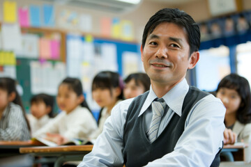 a Japanese male teacher sitting in a school class, demonstrating expertise and dedication to teaching.