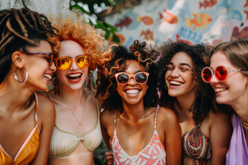 a lively gathering of friends, all beaming with joy as they showcase their trendy summer fashion and trendy sunglasses.