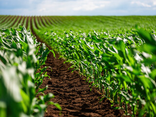 Close-up of lush green corn plants growing in neat rows on a farm