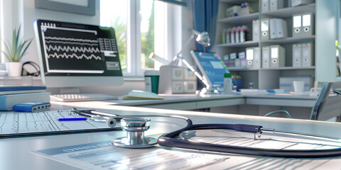 Doctor's Office: A welcoming desk with a stethoscope, medical chart, and a diagnostic computer, representing a general practitioner's examination room.