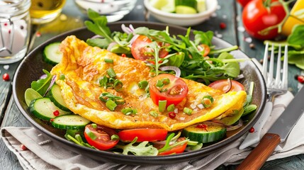 Omelet Salad: A picture of an omelet made into a healthy menu using coconut oil to fry, served with fresh vegetables and original sauce.