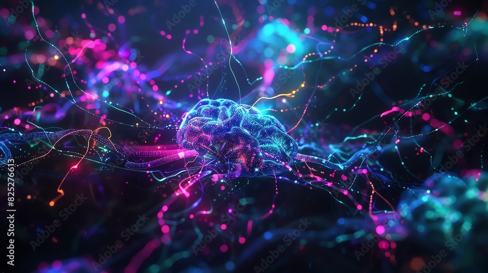 Poster a vibrant digital representation of a neural network, showcasing intricate connections and glowing p
