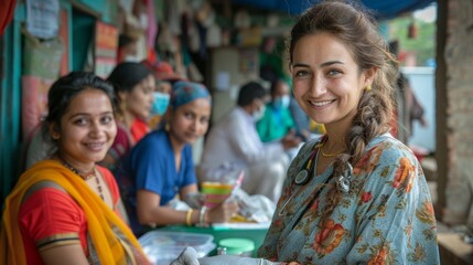 community healthcare initiatives, in a busy medical camp in india, a devoted team of doctors and nurses tirelessly offer free healthcare to underprivileged communities