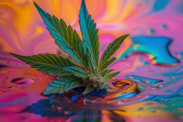 Single cannabis leaf and bud with a colorful, liquid abstract art backdrop