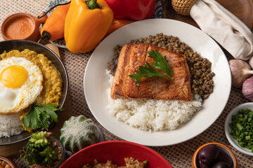 Buffet table full of lunch assorted dishes Peru Peruvian food