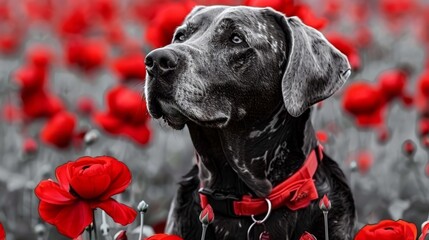  A black dog, sporting a red collar, is amidst a field of red flowers Another black dog with a red collar is also present in the middle of this flower bed - Powered by Adobe