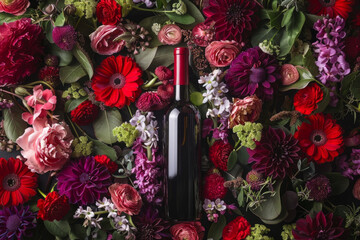 a red wine bottle surrounded by an assortment of flowers, creating a visually stunning display that evokes feelings of romance and elegance.