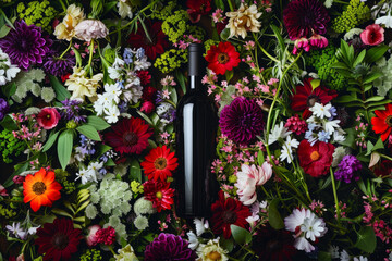 a red wine bottle set amidst a bed of blooming flowers, combining the rich hues of the wine with the vibrant colors of nature.