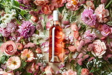 a rose wine bottle elegantly surrounded by a variety of flowers, creating a romantic and charming scene.