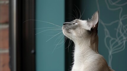  A tight shot of a feline gazing at the sky, surrounded by a brick wall A door lies near, while a brick edifice looms in the background