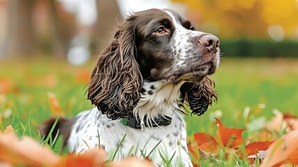  A tight shot of a dog resting in a lush grass field, surrounded by autumn leaves in the foreground An orange-leafed tree stands in the background