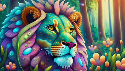 oil painted style cartoon character illustration Multicolored a close - up of a lion's face with a blurry image of trees,
