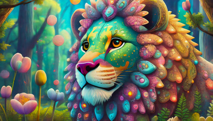 oil painted style cartoon character illustration Multicolored a close - up of a lion's face with a blurry image of trees,