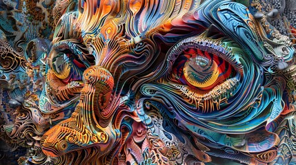 Abstract, colorful, detailed, digital artwork featuring intricate swirling patterns and vibrant swirling colors in an imaginative composition.