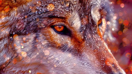  A tight shot of a wolf's face, wet from raindrops, against a hazy backdrop of red, orange, yellow, and purple tones intermixed with black