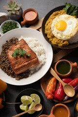 Lentils with fried fish Buffet table full of lunch assorted dishes Peru Peruvian food