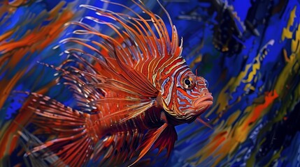  A tight shot of a fish submerged in water, backdrop of intermixed blues, yellows, reds, and oranges; foreground features a hazy fish sil