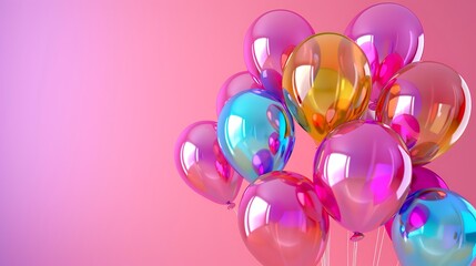 Shiny colorful balloons with pink background for party birthday celebration