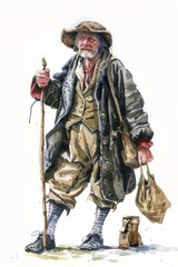 Obraz premium whimsical gothic portrait illustration, old farmer man from 17th century clip art white background
