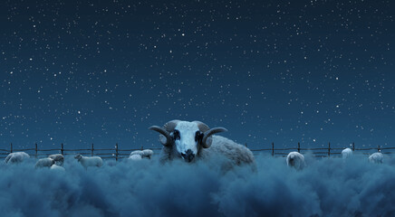 herd of sheep grazing over night clouds
