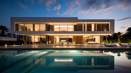 Upscale Modern Mansion with Pool at Dusk