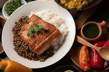 Lentils with fried fish Buffet table full of lunch assorted dishes Peru Peruvian food