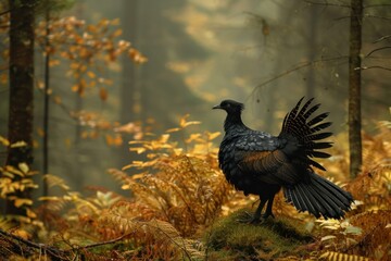 A striking black bird with open wings amidst autumn ferns in a misty woodland