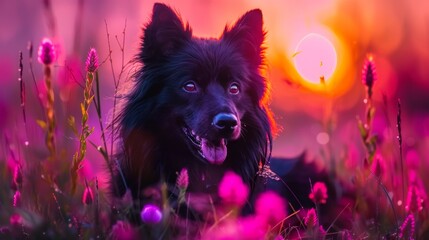  A tight shot of a dog in a flower-filled meadow, sun glowing behind, dog's face partially hidden by nearby grass and blooms