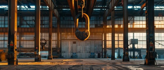 Large empty factory building with a chain hanging from the ceiling