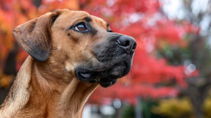  A tight shot of a dog's face in front of a tree with scarlet leaves Red and yellow tree in the background