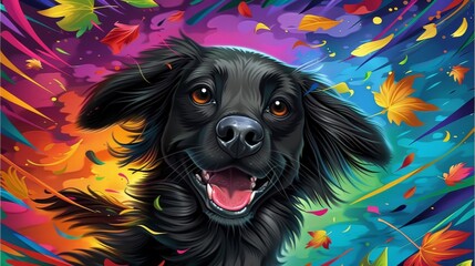  A painting of a black dog in the center, surrounded by a vibrant background of orange, yellow, blue, green, and red leaves
