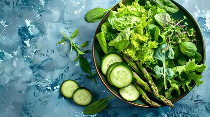 Obraz premium Fresh green salad with cucumber and asparagus. A healthy mix of leafy greens for a nutritious meal. Ideal for a healthy lifestyle concept. AI
