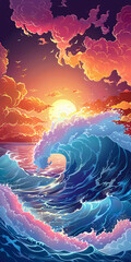 colorful sunset sky and  surrealistic waves