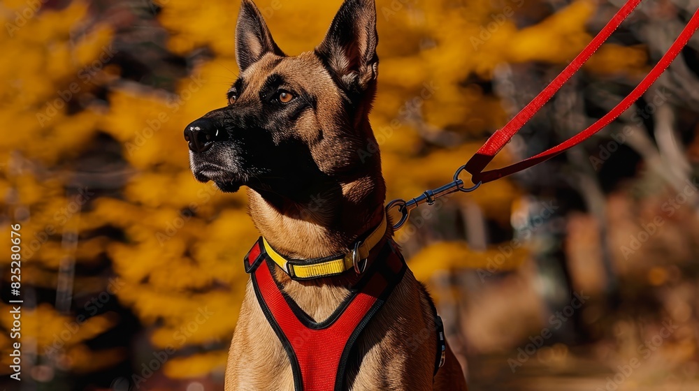 Sticker  A brown-and-black dog wears a red-and-yellow harness and holds a red leash Behind the dog, a tree displays yellow leaves