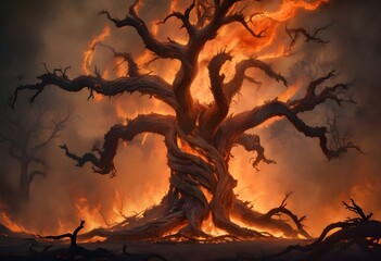 tree on fire hit by lighting