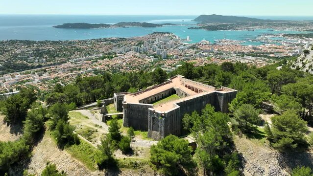 Fort Faron overlooking Toulon and the Mediterranean Sea on a sunny day