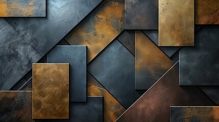 Geometric papercut design with overlapping squares in metallic hues, modern 